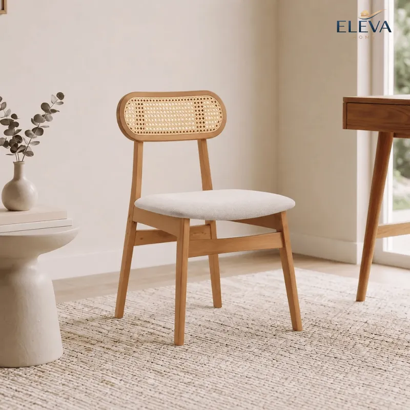 Silla de Comedor Classic Ratán - Línea Rika - Tela Lino/Natural - Nogal oscuro en Madera natural - Sillas, Uruguay | Nario Hogar
