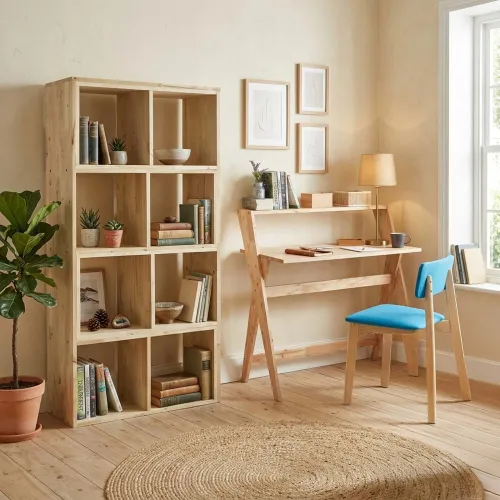 Biblioteca + Escritorio Zigzag en Madera natural - Escritorios y sillas de escritorio, Uruguay | Divino