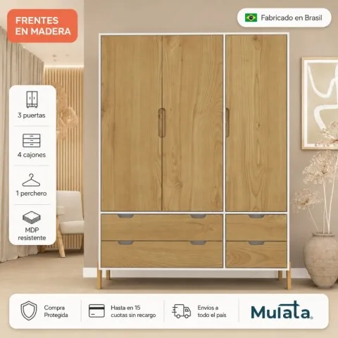 Ropero Armario de 3 Puertas, Perchero y 4 Cajones en MDP - Madera - Línea Melilla - Blanco en Blanco - Roperos y placares, Uruguay | Mulata