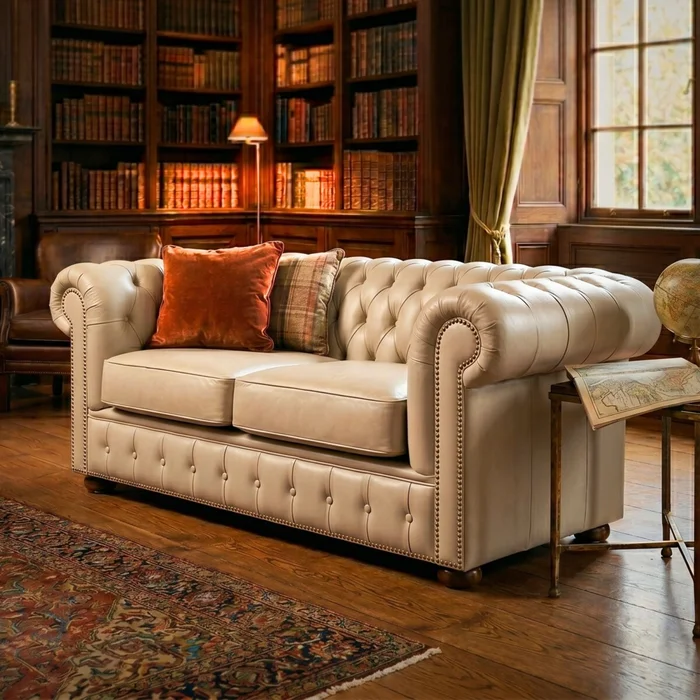 Sillón 100% Cuero - 2 Cuerpos - Chesterfield - Arena en Blanco - Sillones y sofás, Uruguay | Rústico Hogar, vista 3