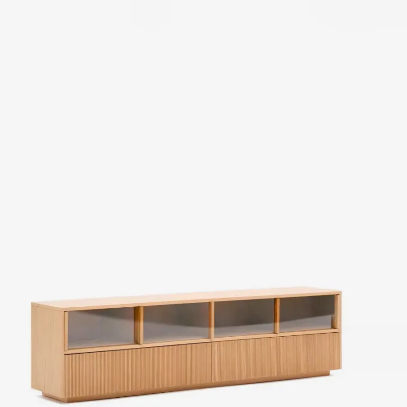 Mueble TV Helvine 4 puertas y 2 cajones chapa de roble y cristal templado 200x54cm FSC 100% en Marrón - Muebles para TV, Uruguay | Kavehome