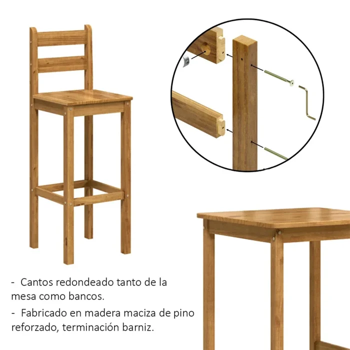 Isla Desayunador 2 Bancos Cocina Comedor Madera Maciza - Línea Monterrey en Madera natural - Mesas de comedor, Uruguay | Ecowood, vista 3