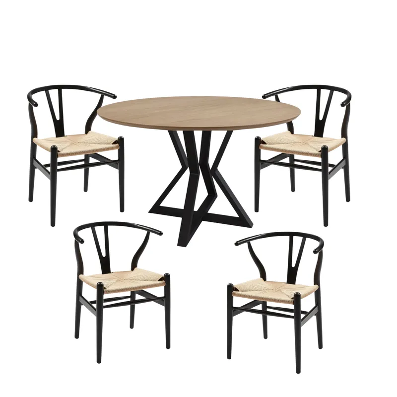 Juego de Comedor Mesa Louvre 90cm Olmo + 4 Sillas Wishbone en Negro - Sillas, Uruguay | Berna home