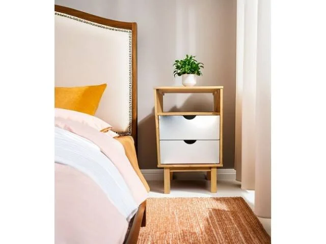 Mesa de Luz 2C y espacio Mel/Gris Linea Nordica en Madera Maciza en Madera natural - Mesas de luz, Uruguay | Que Sal Muebleria