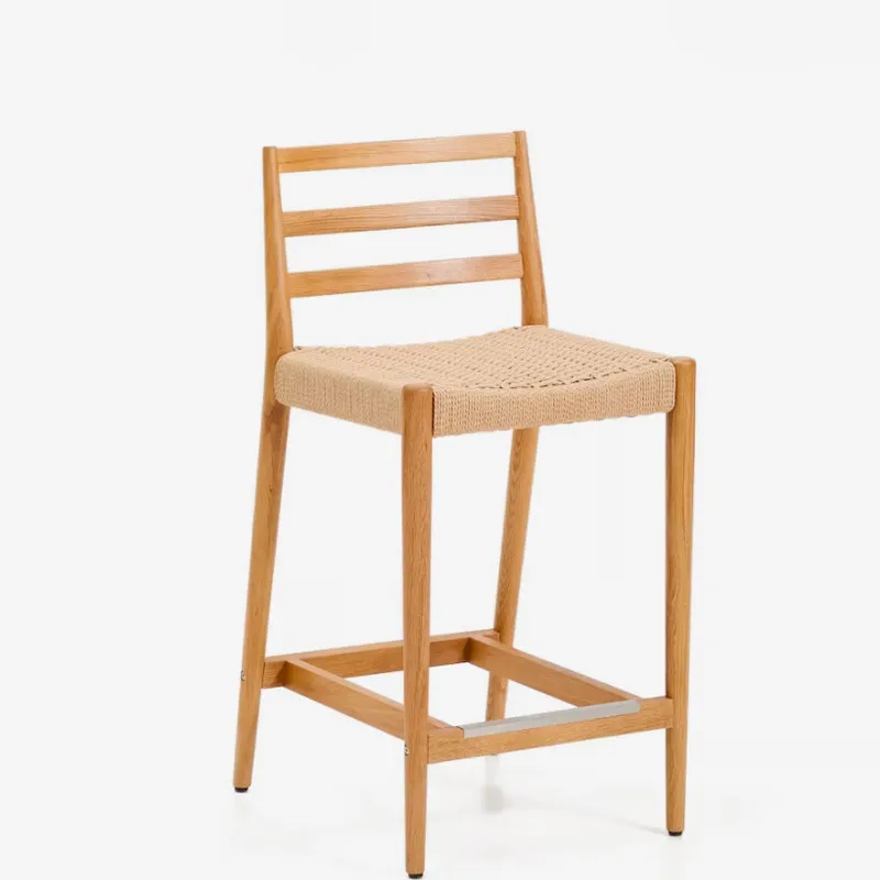 Taburete Analy respaldo madera maciza roble acabado tono natural y asiento cuerda 65cm FSC 100% en Beige - Butacas, banquetas y puffs, Uruguay | Kavehome