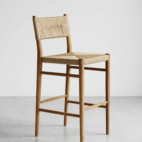 Banqueta en madera teca y fibra de loom en Madera natural - Butacas, banquetas y puffs, Uruguay | Entrecasa