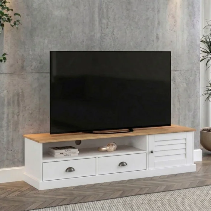 Rack de TV 1 Puerta 2 Cajones - Línea Valenciana - Blanco en Blanco - Muebles para TV, Uruguay | Rústico Hogar