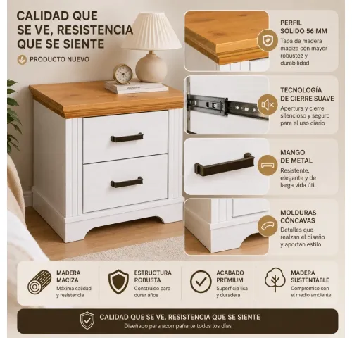 Mesa de luz en madera maciza 2 cajones en Blanco - Mesas de luz, Uruguay | Que Sal Muebleria