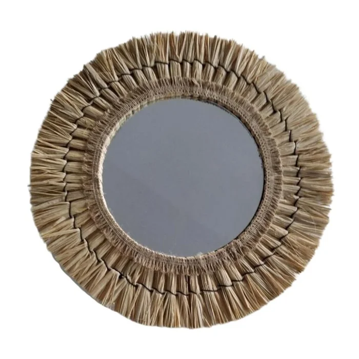 Espejo redondo con marco de raffia en Madera natural - Espejos, Uruguay | La Cueva Muebles