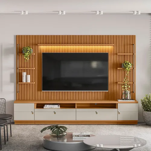 Rack con Panel Ouro Listones de madera y Led 268cm MDF/MDP - Muebles para TV, Uruguay | Balton