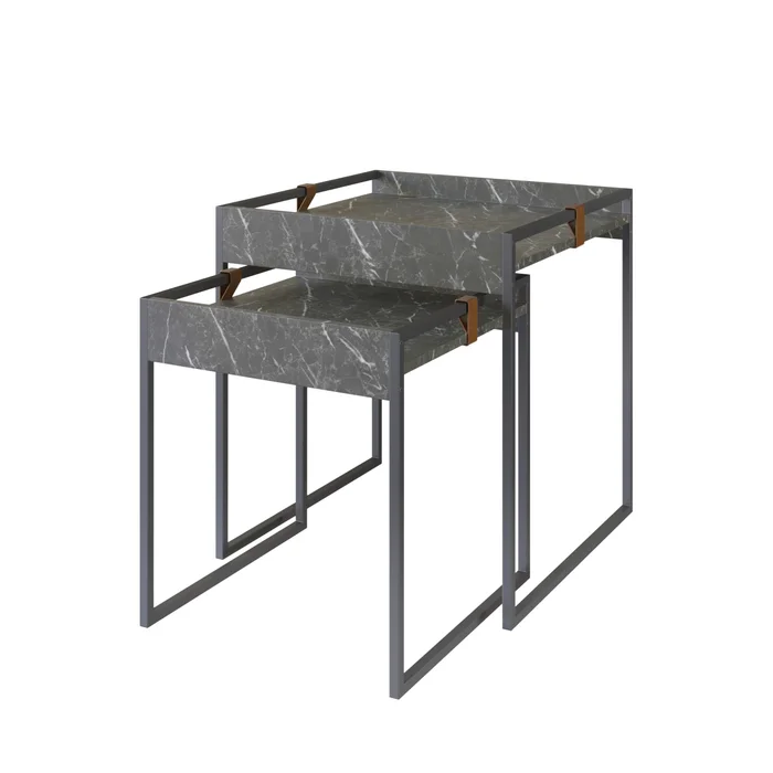 Conjunto Mesa Lateral Columbia (Mármol Gris/Hierro Negro) en Madera natural - Mesas de arrimo, Uruguay | Berna home