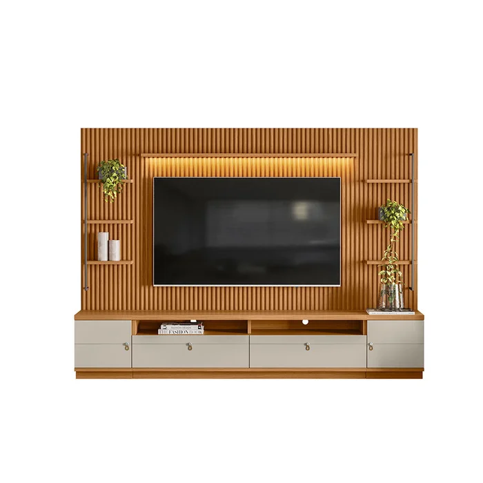 Rack con Panel Ouro Listones de madera y Led 268cm MDF/MDP en Madera natural - Muebles para TV, Uruguay | Balton, vista 5