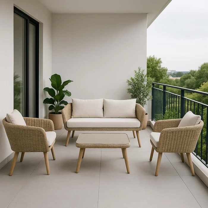 Set De Living Rattan-sintetico-y-acero Natural-beige Toulouse (1+2+1) en Madera natural - Muebles para el exterior, Uruguay | Divino