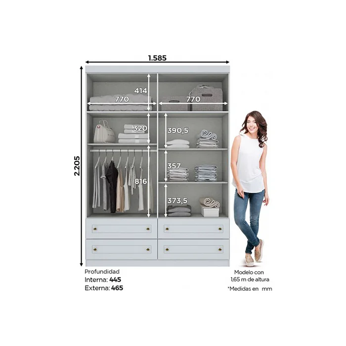 Placard Ropero 4 Puertas Mdf-y-mdp Blanco Americano en Blanco - Roperos y placares, Uruguay | Divino, vista 3