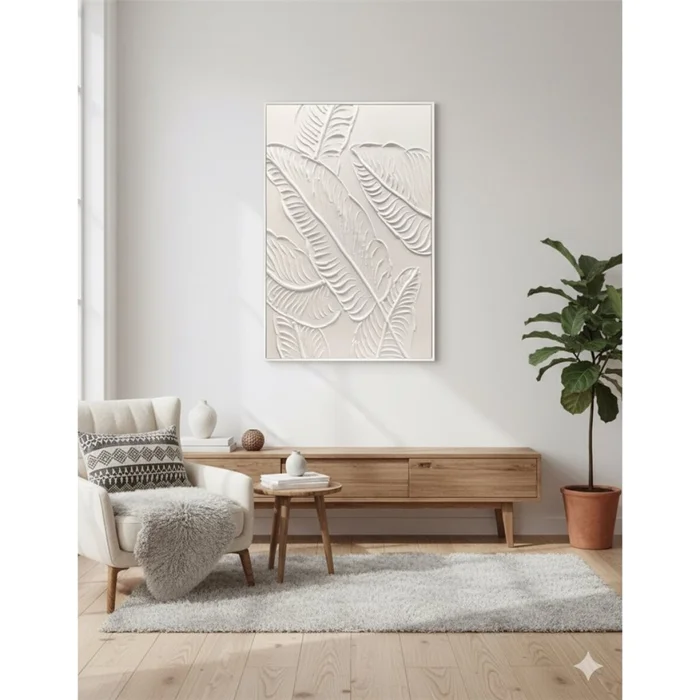 CUADRO CANVAS 60x90cm MARCO PINTURA HOJAS BLANCAS en Blanco - Decoración de pared, Uruguay | Decohogar, vista 3