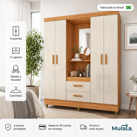 Ropero Vetro 4 Puertas 2 Cajones con Espejo, Perchero y Tocador 150cm MDP - Cinamomo Off White - Roperos y placares, Uruguay | Mulata
