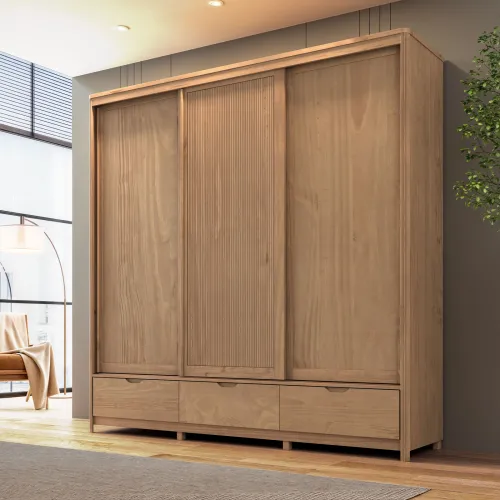 Placard Nest Mdf-y-madera 3 Puertas Corredizas en Madera natural - Roperos y placares, Uruguay | Divino