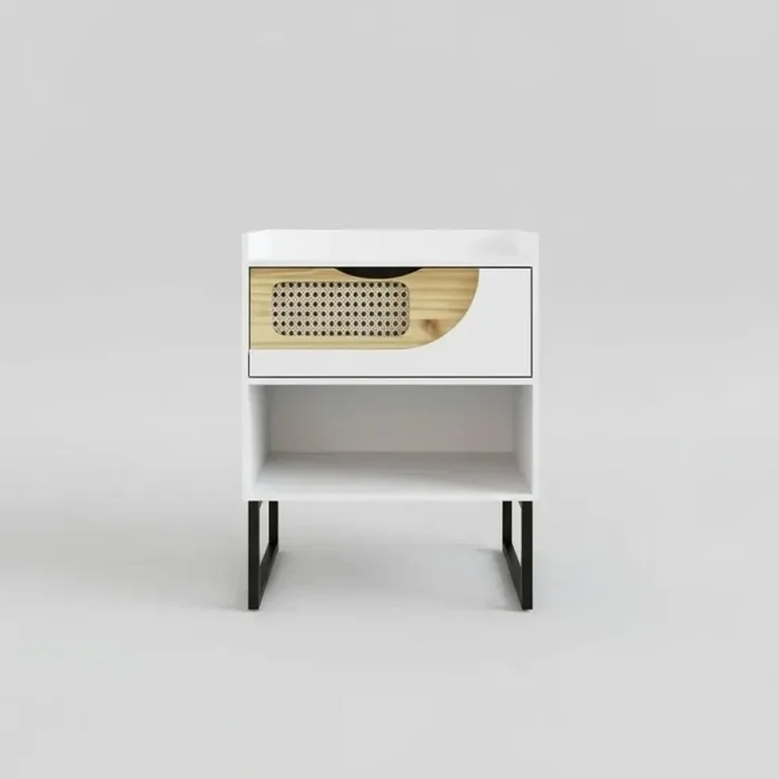 Mesa de luz con 1 cajón con detalle en madera y rattan. en Blanco - Mesas de luz, Uruguay | Champagne Home, vista 3