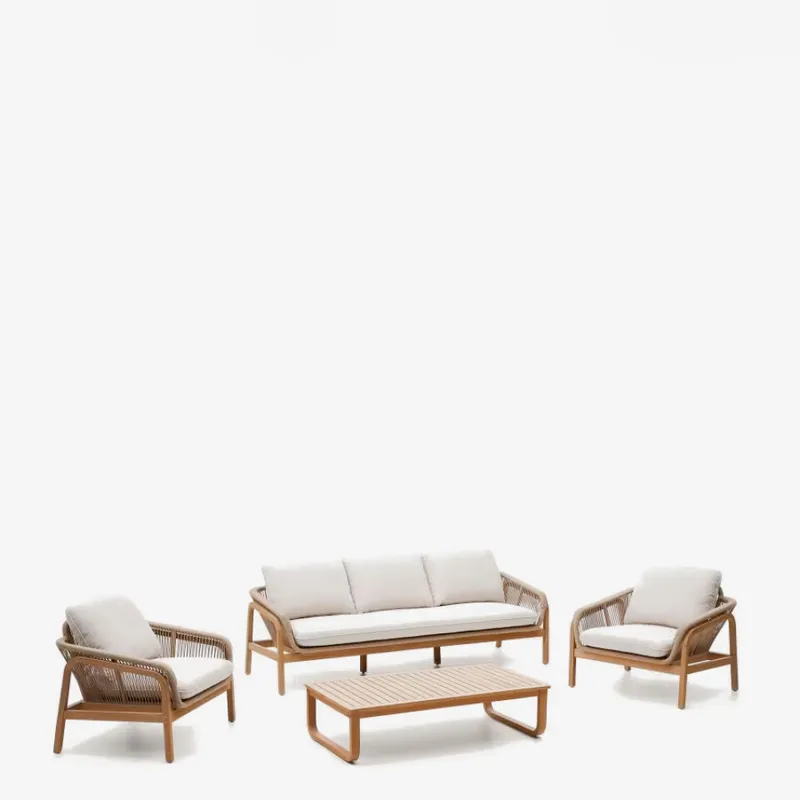 Set Vellana sofá 3 plazas, 2 sillones y mesa centro madera maciza acacia FSC 100% cuerda b en Beige, Blanco, Natural - Sillones y sofás, Uruguay | Kavehome