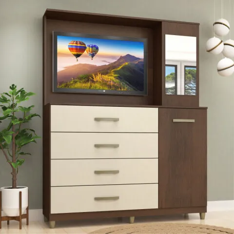 Comoda Cajonera Rack TV de 4 cajones 1 puerta 1 Botiquín con Espejo y Estantes para Dormitorio o Living - FE - R/Champan en Multicolor - Cómodas, Uruguay | Mulata