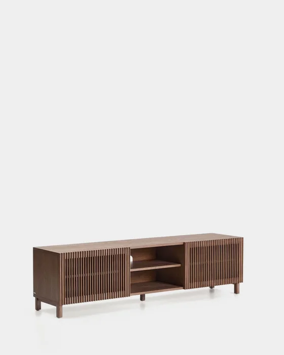 Mueble TV Beyla 2 puertas de chapa y madera maciza de fresno con acabado tono nogal 180 x 49,5 cm en Marrón - Muebles para TV, Uruguay | Kavehome
