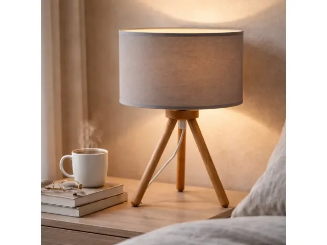 Lampara de mesa madera tipo tripode con pantalla en Gris, Uruguay | Que Sal Muebleria