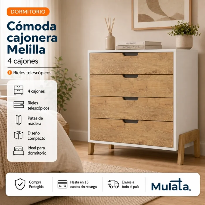 Cómoda Cajonera 4 Cajones Rieles telescópicos Combinada con Patas Madera - MDP - Linea Melilla en Blanco - Cómodas, Uruguay | Mulata, vista 2