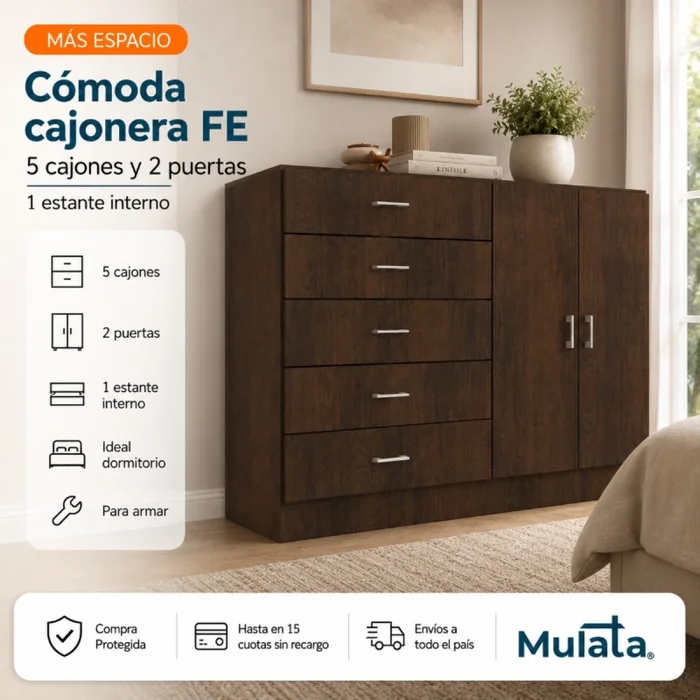 Comoda Cajonera para Dormitorio de 5 Cajones 2 Puertas y 1 Estante interno - FE - Marron en Marrón - Cómodas, Uruguay | Mulata, vista 2