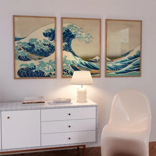 Hokusai - La gran ola de Kanagawa Tríptico en Azul - Láminas, Uruguay | La Cuadrería