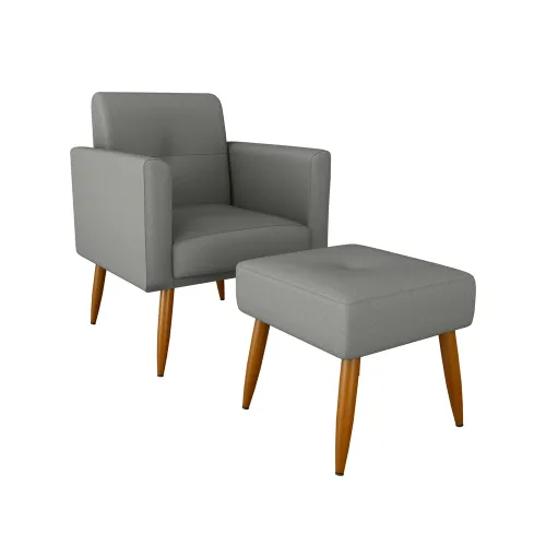 Poltrona Alta Patas De Madera Con Puff Tapizado en Gris - Butacas, banquetas y puffs, Uruguay | Muebles Express