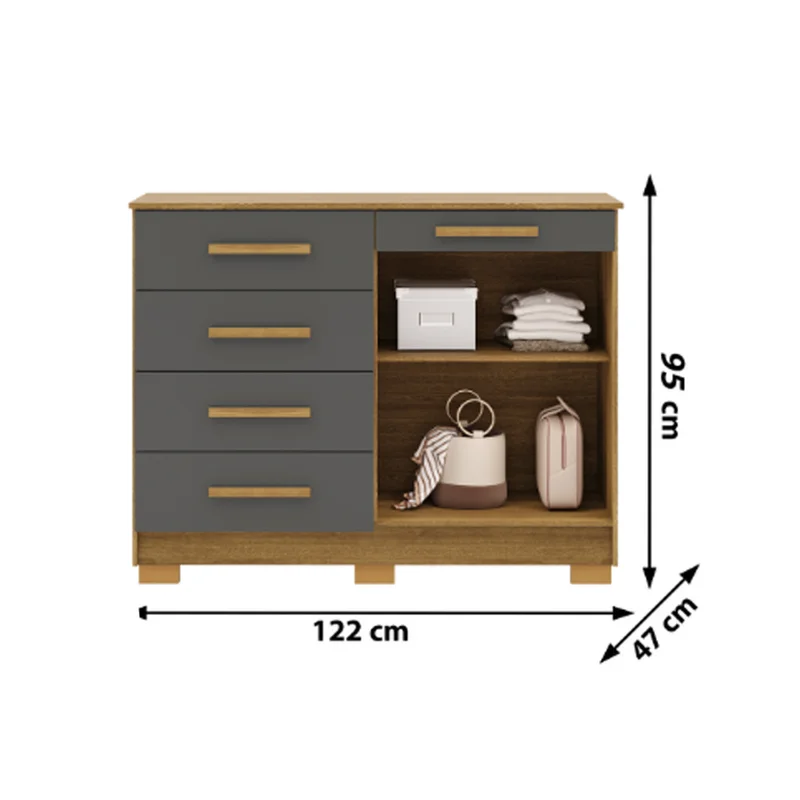Comoda 5 Cajones 2 Puertas Moderna Con Estante 100% Mdp en Gris - Cómodas, Uruguay | Soy Hogar, vista 4