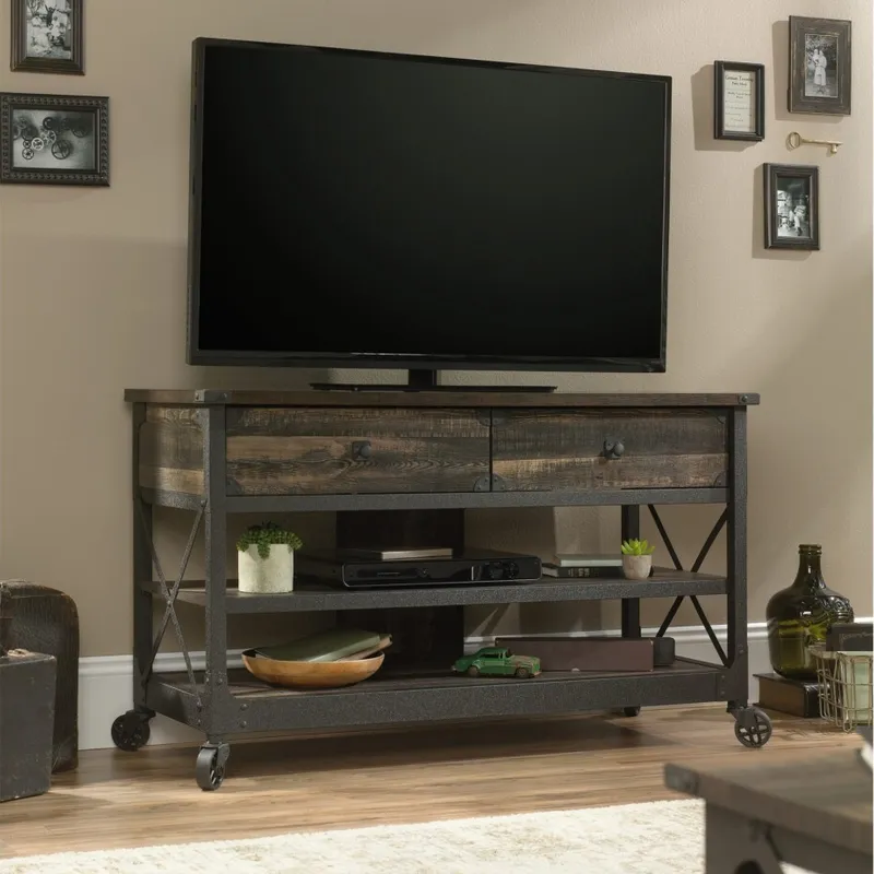 Rack para TV con Estantes - Sauder - Linea Steel River en Marrón - Muebles para TV, Uruguay | Rústico Hogar