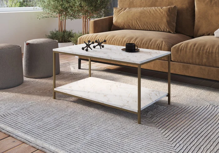 Mesa de Centro Ratona Rectangular Tapa Doble (Mármol y Hierro Dorado) en Blanco - Mesas de living, Uruguay | Berna Home, vista 4