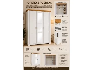 Ropero 3 puertas en madera maciza con espejo - Sillones y sofás, Uruguay | Quesal, vista 8
