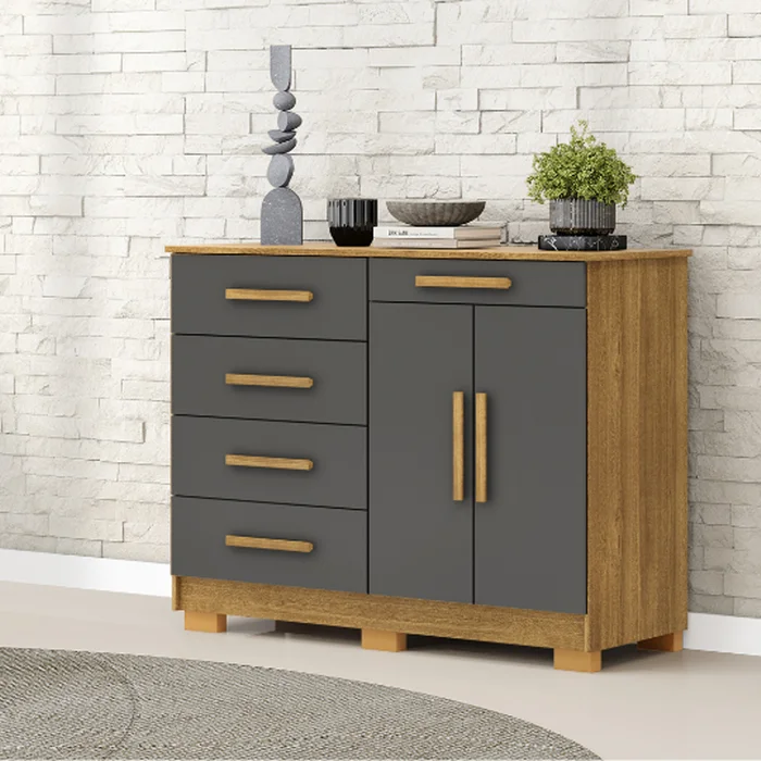 Comoda 5 Cajones 2 Puertas Moderna Con Estante 100% Mdp en Gris - Cómodas, Uruguay | Soy Hogar, vista 2
