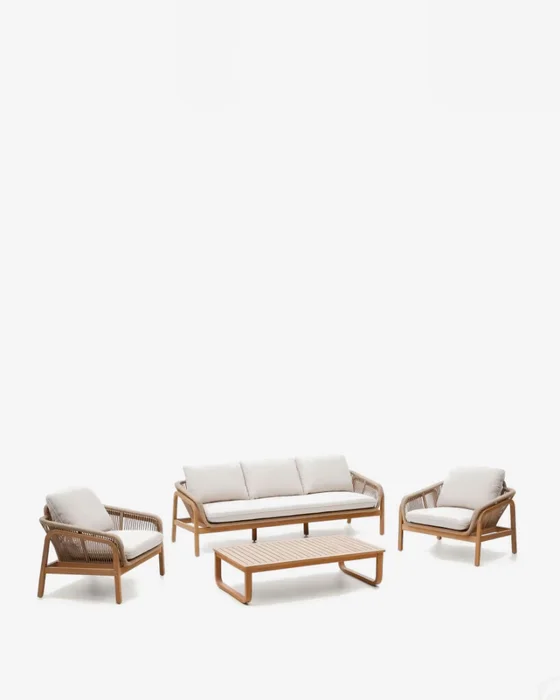 Set Vellana sofá 3 plazas, 2 sillones y mesa centro madera maciza acacia FSC 100% cuerda b en Beige, Blanco, Natural - Sillones y sofás, Uruguay | Kavehome