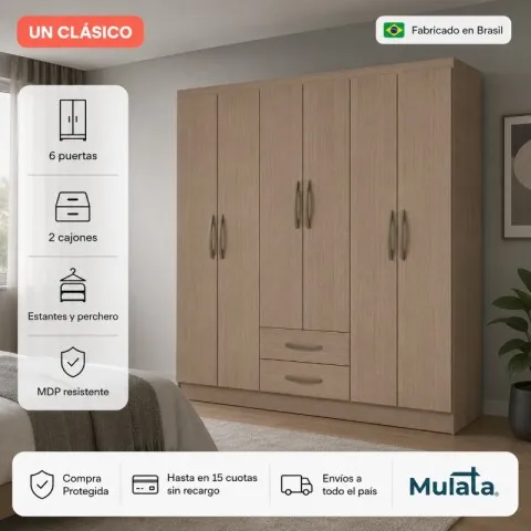 Armario Ropero Placard de 6 Puertas Línea Plus con 2 Cajones y Perchero Horizontal - MDP - Noce en Marrón - Roperos y placares, Uruguay | Mulata