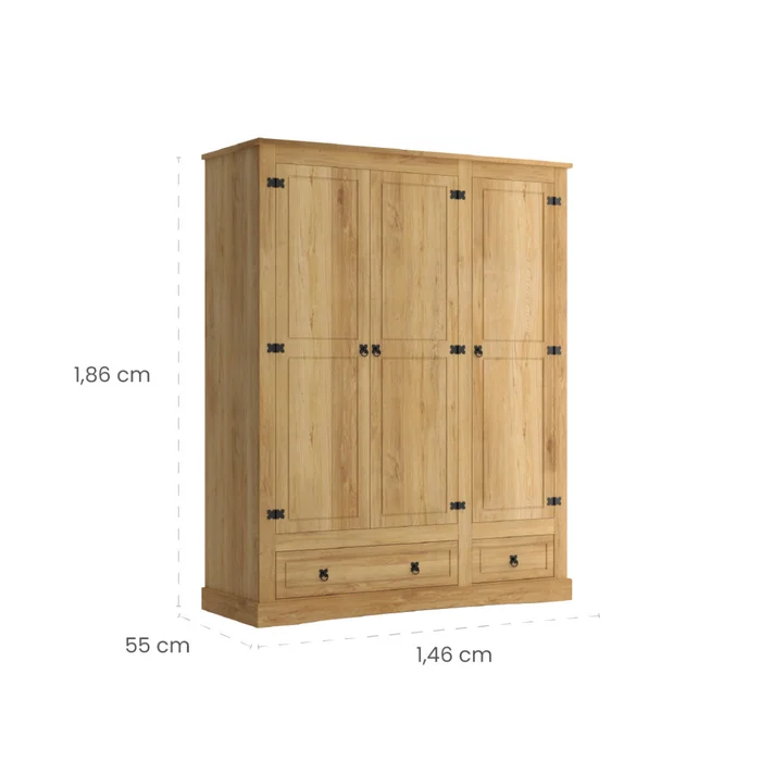 Ropero 3 Puertas 2 Cajones Madera - Linea Mexicana - Natural en Blanco - Roperos y placares, Uruguay | Rústico Hogar, vista 5