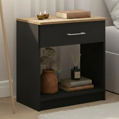 Mesa de Luz Italia - 1 Cajón y Nicho - MDP y ABS - 55cm Alto - Negro / Miel en Multicolor - Respaldos de cama, Uruguay | Mulata