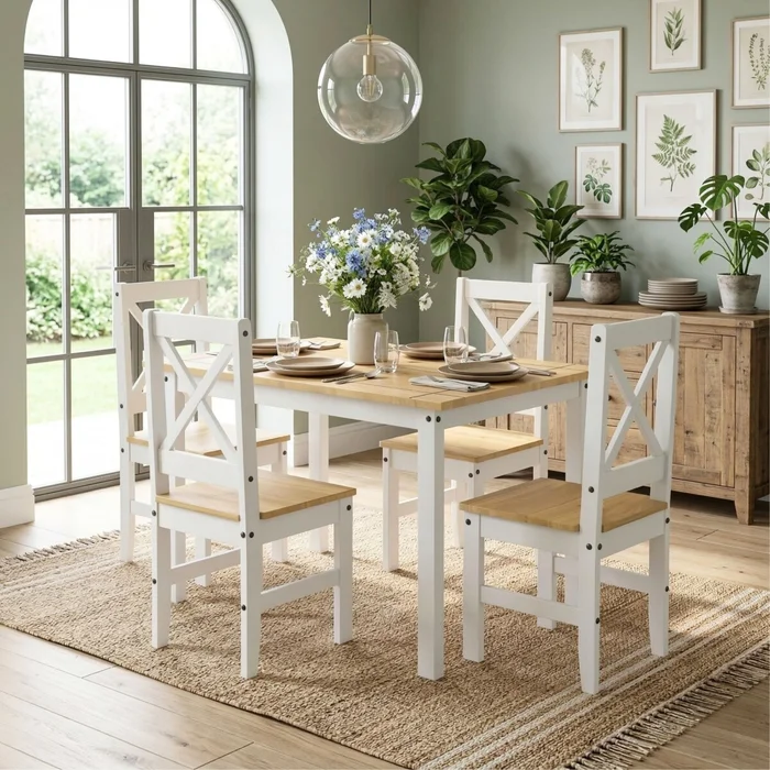 Juego de comedor 4 sillas - Madera maciza - Cruceta - Blanco en Focus Mari Slim - Mesas de comedor, Uruguay | Rústico Hogar