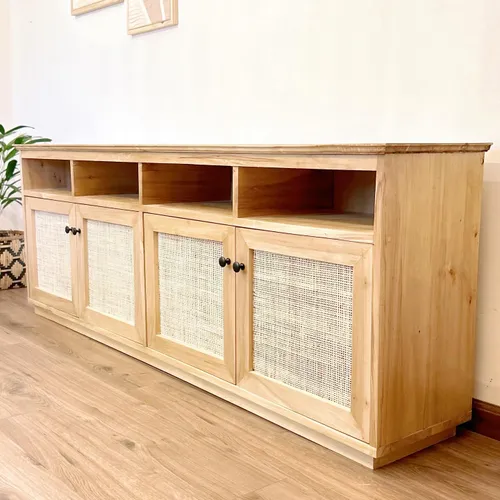 Rack o Aparador de álamo macizo y esterilla americana en Madera natural - Aparadores y recibidores, Uruguay | Decoramuss