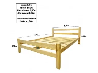 Cama 2 plazas pino en Madera natural - Dormitorio, Uruguay | Que Sal Muebleria, vista 3
