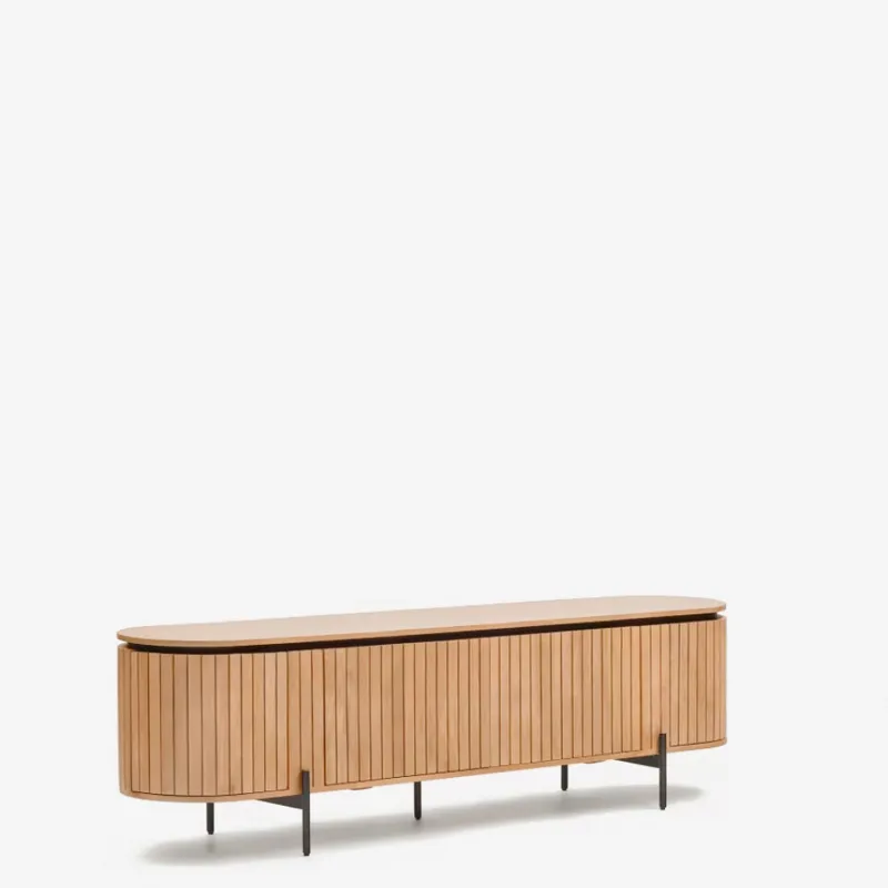 Mueble TV Licia 4 puertas de madera maciza de mango y metal pintado negro 200 x 55 cm en Madera natural - Muebles para TV, Uruguay | Kavehome