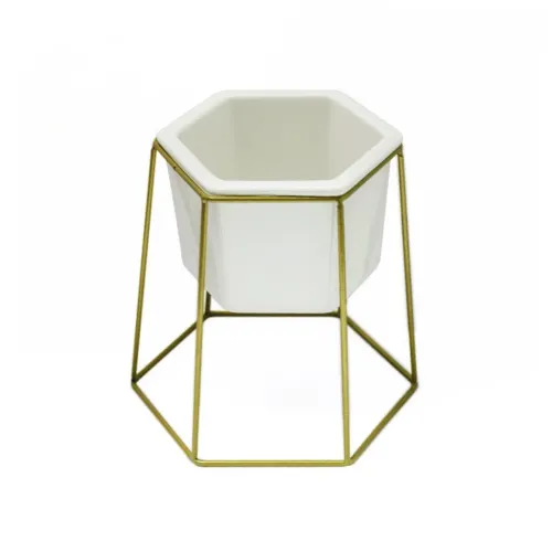 MACETA CERAMICA HEXA C/BASE D17x20CM BLANCO/DORADO en Blanco - Macetas, Uruguay | Koz