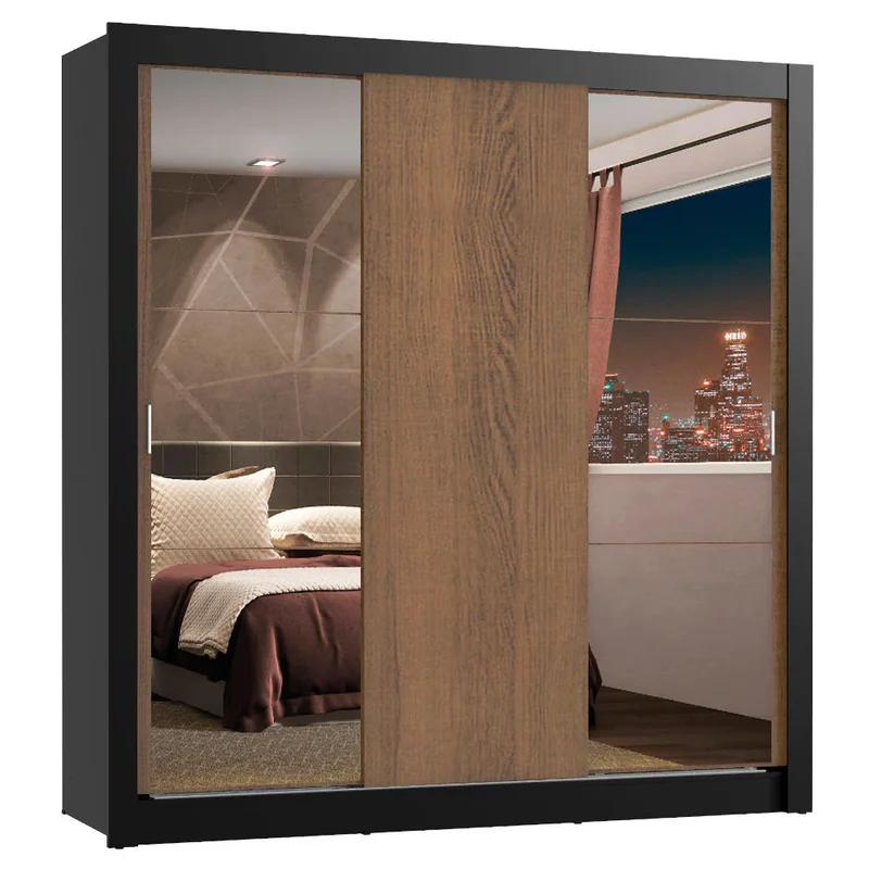 Ropero Placard Matrimonial Monaco 170CM con 2 Espejos 3 Puertas Corredizas en Negro/Rustico - Roperos y placares, Uruguay | Balton, vista 4