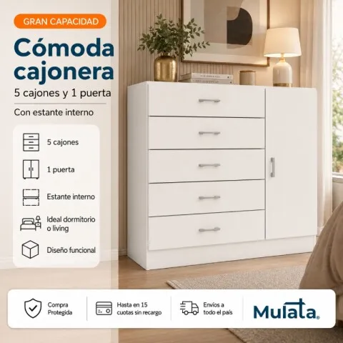 Comoda Cajonera para Dormitorio de 5 Cajones 1 Puerta y 1 Estante interno - FE - Blanco en Blanco - Cómodas, Uruguay | Mulata