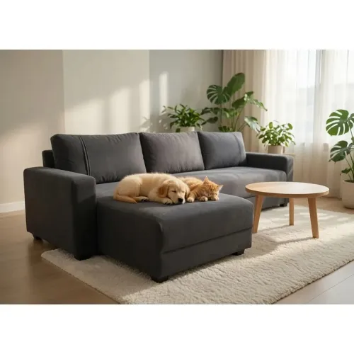 Sofá 3 Cuerpos + Chaise derecho - Tela Pet friendly gris en Gris - Sillones y sofás, Uruguay | Champagne Home