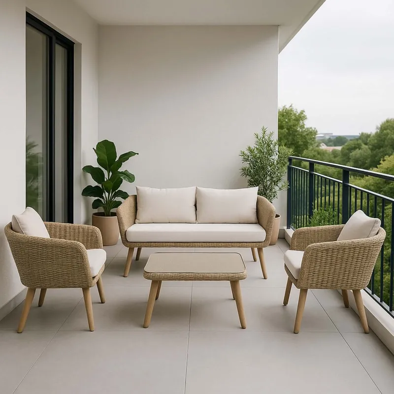 Set De Living Rattan-sintetico-y-acero Natural-beige Toulouse (1+2+1) en Madera natural - Muebles para el exterior, Uruguay | Divino