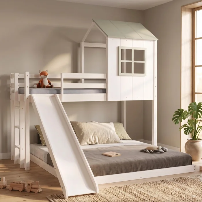Cama 1 Plaza y Queen cabaña tobogán - Dormitorio, Uruguay | Rústico Hogar