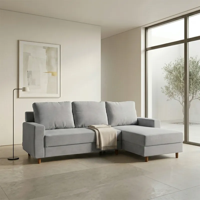 Rinconera Lucci - Tela Microfibra - Chaise derecho - Berlin 05 (Ceniza) en Beige - Sillones y sofás, Uruguay | NYR